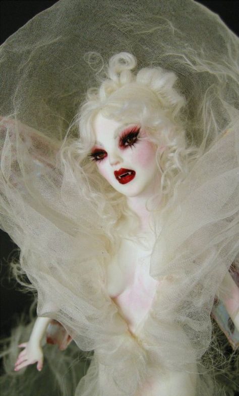 Vampire Bride by Nicole West. OOAK Doll. Ruby Red Lips. Faerie. Legend. Myth. Scarlet. Bite. Art Vampire, Vampire Bride, Horror Vintage, Vampire Love, Creepy Doll, Vampires And Werewolves, Vampire Art, West Art, Vampire Academy