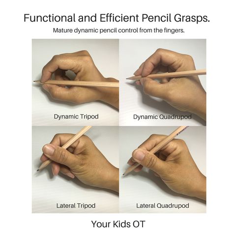 Functional and efficient Pencil Grasp.  Dynamic Tripod, dynamic quadrupod, lateral tripod, lateral quadrupod.  Your Kids OT Pencil Grasp Development, Pencil Grasp, Occupational Therapy Kids, Handwriting Activities, Occupational Therapy Activities, Products I Love, Pediatric Occupational Therapy, Preschool Fine Motor, Hand Therapy