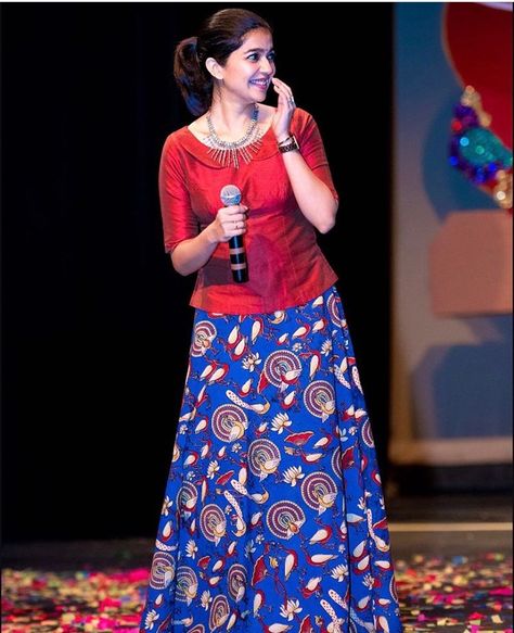 Kalamkari Skirt And Top, Parkar Polka, Anarkali Skirt, Swathi Reddy, Net Saree Blouse Designs, Net Saree Blouse, Skirt And Tops, Long Skirt Top Designs, Long Skirt And Top