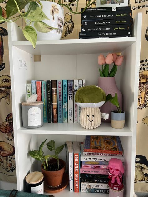 bookshelf inspiration Bookshelf Aesthetic Bedroom Minimalist, Bookshelf Pink Aesthetic, Bookcase Decor Aesthetic, Stuff To Put On Shelves, Girly Bookshelf Aesthetic, Bookshelf Decorating Ideas Bedrooms, Pink Aesthetic Bookshelf, Pink Bookshelf Decor, Crystals On Bookshelf