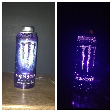 Monster Can Light Diy, Monster Bottle Craft, Monster Drinks Diy, Monster Can Light Holes, Monster Light Can, Monster Energy Light, Monster Cans Room Decor, Monster Can Wall, Monster Energy Diy