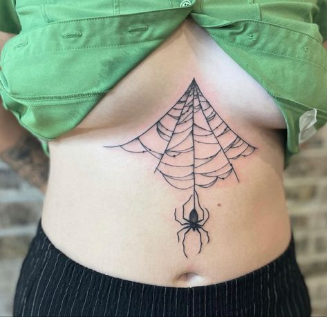 Spider Tattoo Sternum, Spiderweb Tattoo Chest, Spiderweb Tattoo Sternum, Sternum Spider Web Tattoo, Spider Web Chest Tattoo Female, Sternum Web Tattoo, Spiderweb Stomach Tattoo, Spider Web Chest Tattoo, Spider Underboob Tattoo