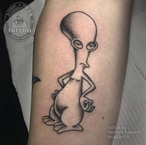 Austin Powers Tattoo, Roger American Dad Tattoo, Cohesive Tattoos, American Dad Tattoo, Dallas Texas Tattoo, Roger From American Dad, Roger American Dad, Roger The Alien, Lone Star Tattoo