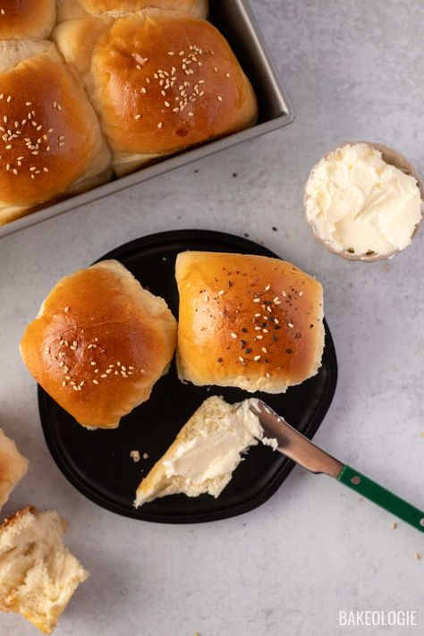 Japanese Milk Buns | bakeologie Tangzhong Dinner Rolls, Tangzhong Method, Milk Bread Rolls, Asian Bread, Golden Japanese, Milk Buns, Cake Batter Cookies, Japanese Milk Bread, Baking Conversions