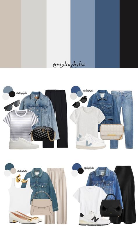 How To Style Blue Denim Jacket, Denim Colour Palette, Denim Color Palette, Blue Denim Jacket Outfit, Denim Jacket Outfit Ideas, Blue Striped Shirt Outfit, Jacket Outfit Ideas, Capsule Wardrobe Casual, Colour Combinations Fashion