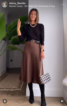 Daytime Dressy Outfits, Midi Slip Skirt Outfit Fall, Silky Skirt Outfit Fall, Silk Skirt And Boots Outfit, Long Silk Skirt Outfit Fall, Taupe Satin Skirt Outfit, First Date Restaurant Outfit, Berry Color Dress, Silk Brown Skirt Outfit