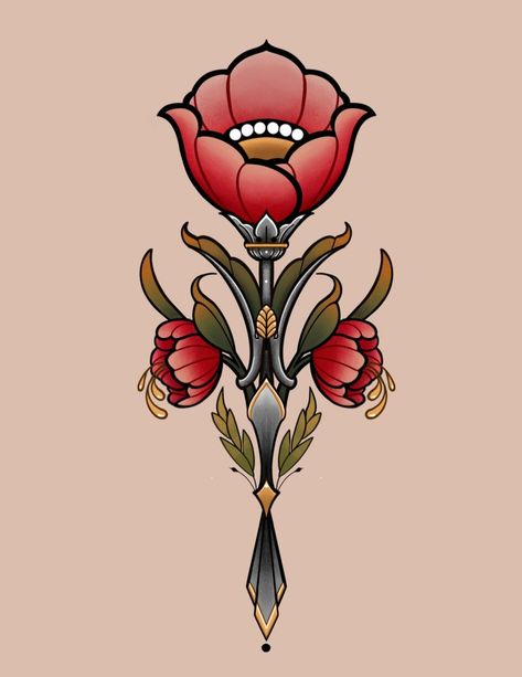 Art Deco Florals — Ink & Dagger Tattoo Roses Art Nouveau, Art Deco Rose Tattoo, Flower Dagger Tattoo, Neo Traditional Flower Tattoo, Traditional Flower Tattoo Design, Art Nouveau Floral Tattoo, Neo Traditional Tattoo Art, Color Flower Tattoo, Floral Fine Line