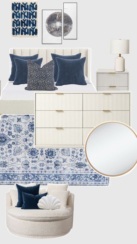 Navy Room Ideas, Navy Room Decor, Blue And Gold Bedroom, College Dorm Room Inspiration, Summer Room Decor, Blue Bedroom Decor, Dorm Room Inspiration, Room Redesign, Redecorate Bedroom