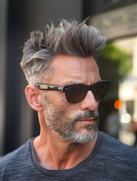 Salt And Pepper Look For Men, Mens Grey Hairstyles, Textured Fade, Salt And Pepper Beard, Mid Fade Haircut, Urban Background, Beard Styles Short, Grey Hair Men, Mid Fade