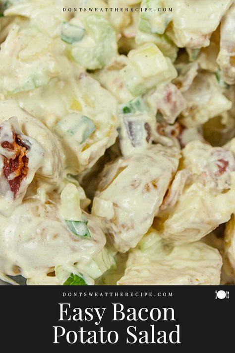 Easy Bacon Potato Salad is a great side dish recipe for your bbq's and picnics. Creamy, tangy, and loaded with bacon! #potato #salad Creamy Potato Salad With Bacon, Bacon Potato Salad Recipe, Quick Potato Salad, Baby Potato Salad, Potato Salad With Bacon, Salad Recipes With Bacon, Southern Potato Salad, Warm Potato Salads, Potato Salad Recipe Easy