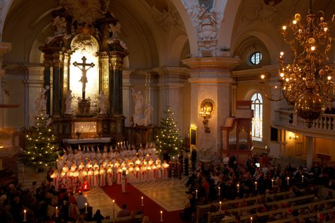 In Sweden, the Christmas season officially kicks off with the celebration of St Lucia Day on the 13th of December. This beautiful ceremony involves children dressed all in white, adorned with head wreaths and candles, singing angelic hymns. At the centre is a young woman, the "Lucia bride", with a crown of candles fashioned into lingonberry branches. Swedish Christmas Food, Swedish Treats, Sankta Lucia, St Lucia Day, Swedish Traditions, Visit Sweden, Traditional Song, Swedish Christmas, Nordic Christmas