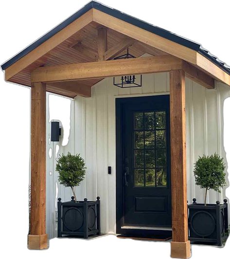 Pergola Front Entrance, Lean To Porch Ideas Entrance, Front Door Beams Entrance, Front Entrance Remodel, Extend Front Porch Entrance, Back Door Covered Entry, Metal Front Porch Roof, Small Stoop Ideas, Roof Over Basement Entrance