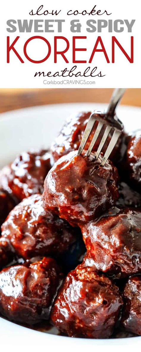 Tender juicy, sweet and spicy Slow cooker Korean Meatballs simmered in the most tantalizing sweet heat sauce that everyone goes crazy for! Perfect appetizer or delicious, easy meal with rice! Korean Meatballs Recipes, Sweet Heat Sauce, Meal With Rice, Korean Meatballs, Slow Cooker Rice, Spicy Meatballs, Carlsbad Cravings, Make Ahead Appetizers, How To Cook Meatballs