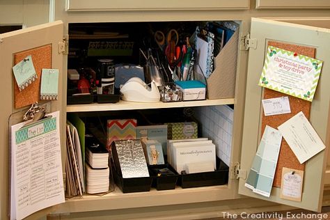 Kitchen Cabinet Mini-Office {The Creativity Exchange} The Creativity Exchange, Kitchen Desk Areas, Hide Clutter, Cone Template, Command Center Kitchen, Utility Cupboard, Kitchen Desks, Family Command Center, Organization Station