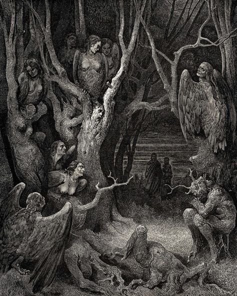 The Inferno, Canto 13, line 11 by Gustave Dore (ARC) Gustavo Dore, Human Tree, Dantes Inferno, Arte Indie, Gustave Dore, 다크 판타지, Occult Art, Caravaggio, Gothic Art