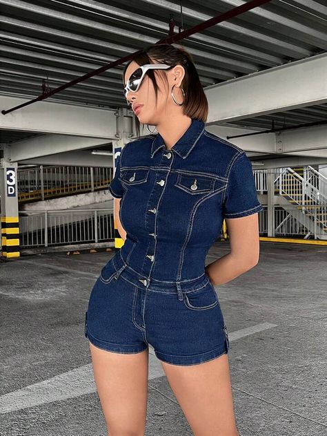 Denim Romper Outfit Jumpsuits, Denim Romper Outfit, Short Azul, Shein Icon, Romper Outfit, Denim Romper, Plain Shirts, Denim Details, Baddie Outfits Casual