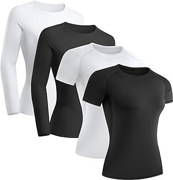 TELALEO 4 Pack Women's Compression Shirt Long/Short Sleeve Performance Workout Baselayer Athletic Top Gym Sports Gear Soccer Wishlist, Long Beach Dress, Cap Dress, Gym Style, Compression Shirt, Athletic Top, Birthday Wishlist, Gym Shirts, Maxi Dresses Casual