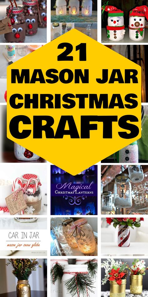 21 Mason Jar Christmas Crafts featuring decorated jars with holiday themes like snowmen, lanterns, and candy cane holders. Christmas Crafting Ideas, Glow Mason Jars, Jar Christmas Crafts, Christmas Treats Jars, Gold Glitter Mason Jar, Mason Jar Christmas Decorations, Holiday Mason Jar, Mason Jar Christmas, Mason Jar Christmas Crafts