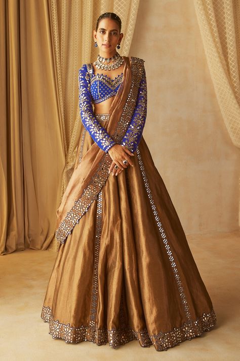 Buy Brown Lehenga And Dupatta: Shimmer Organza Embroidered Mirror Work Set For Women by Vvani by Vani Vats Online at Aza Fashions. Royal Indian Outfits, Copper Lehenga, Brown Lehenga, Shimmer Lehenga, Lehenga Ideas, Vani Vats, Sheer Dupatta, Langa Voni, Mirror Work Lehenga