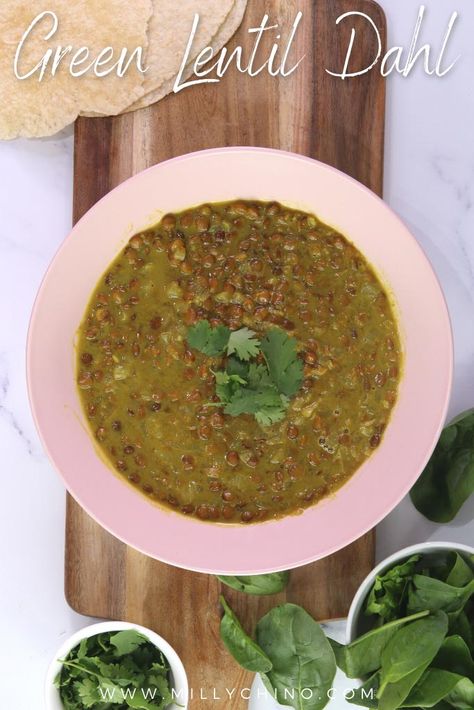 Green Lentil Dahl - Easy and Healthy Recipe! - Milly Chino Green Lentil Recipes Indian, Green Lentil Dahl Recipe, Green Lentil Dahl, Lentil Dahl Recipe, Green Lentil Recipes, Lentil Recipes Indian, Dahl Recipe, Indian Lentils, Green Lentil