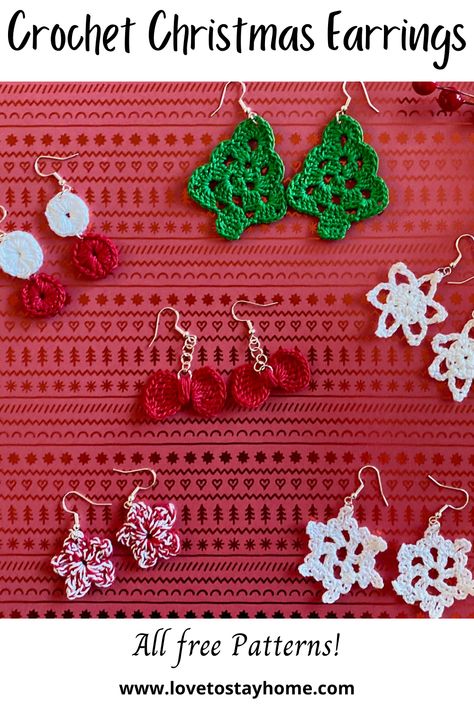 Christmas Thread Crochet Patterns Free, Crochet Christmas Earring Patterns, Crochet Christmas Tree Earrings Free Pattern, Crochet Christmas Jewelry, Micro Crochet Christmas, Crochet Christmas Pins, Crochet Christmas Patterns Free Simple, Christmas Crochet Earrings Pattern, Christmas Crochet Hair Accessories