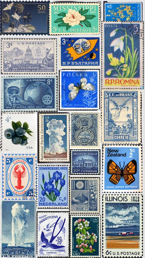 #blue #stamps Collage Wall Prints Aesthetic Blue, Stamps Aesthetic, Stamps Wallpaper, Stamp Wallpaper, Shuffles Ideas, Postage Stamps Collage, Stamp Collage, Blue Collage, Funky Wallpaper