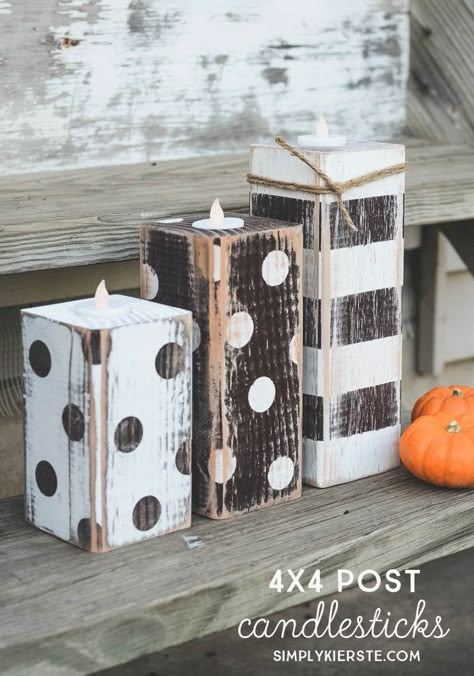 4x4 Post Striped & Polka Dot Candlesticks | simplykierste.com Diy Wood Candles, Wood Candle Holders Diy, 4x4 Crafts, 4x4 Wood Crafts, 2x4 Crafts, Pumpkins Diy, Polka Dot Pumpkin, Wood Block Crafts, Wooden Pumpkins