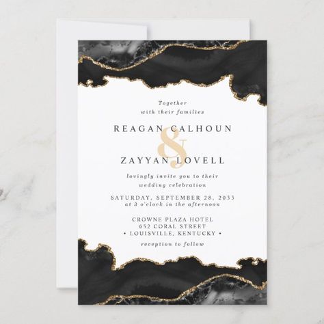 Black And Gold Marble Agate Wedding Invitation Wedding Inventions, Gold Wedding Invites, Black White Gold Wedding, Black And Gold Wedding Invitations, Gold Wedding Reception, Abstract Wedding, Geode Stone, Autumn Wedding Reception, Black And Gold Wedding