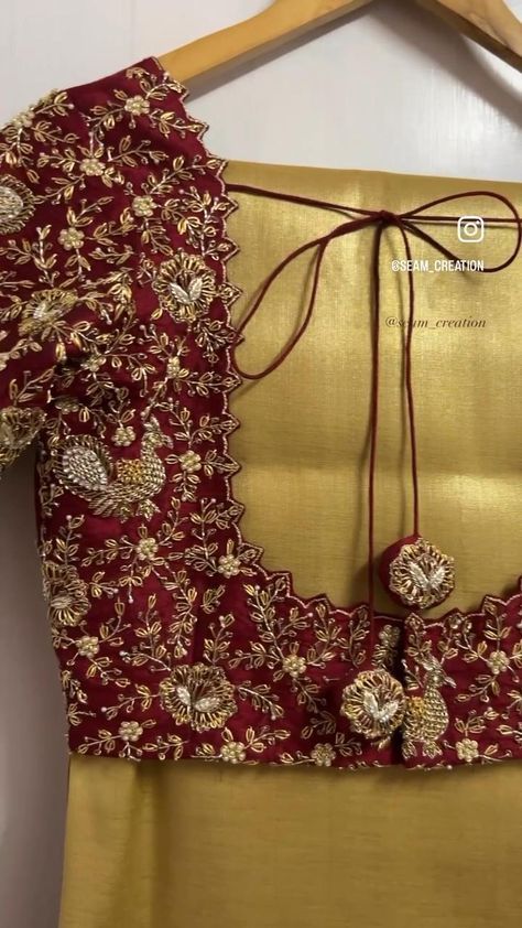 Wedding Work Blouse Designs, Maggam Work Blouse Designs Bridal Latest, Red Blouse Gold Work, Aari Work For Red Blouse, Blouse Work Designs For Bride, Blouse Designs Engagement, Bridal Blouse Work Indian Weddings, All Over Work Blouse Design Latest, Red Bridal Maggam Work Blouse