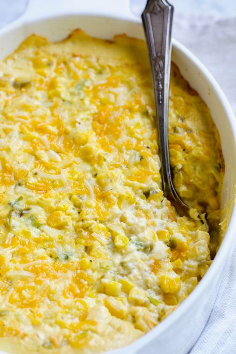 This easy, decadent cheesy corn casserole is soon to become your family's new favorite side dish! Cream Cheese Corn Casserole with Green Chiles is delicious served up right out of the skillet or made ahead and baked up hot and bubbling later. Read on for a secret tip that will make any corn casserole better! Corn Casserole Jiffy Cream Cheese, Corn Casserole With Cream Cheese, Cream Cheese Corn Casserole, Green Chili Recipe, Broiled Salmon Recipes, Cheese Corn Casserole, Cheesy Corn Casserole, Corn Recipes Side Dishes, Cream Cheese Corn