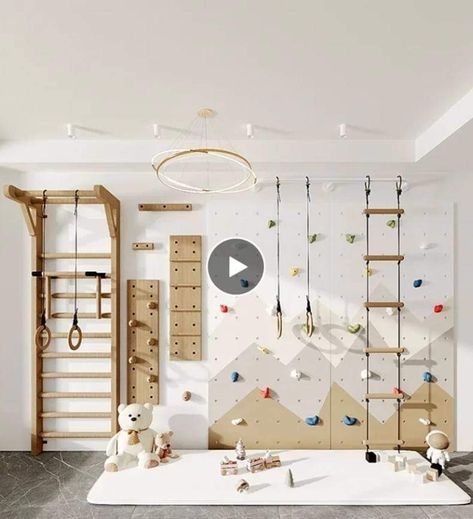 Child Playroom, Montessori Playroom Ideas, Home Climbing Wall, Indoor Climbing Wall, Indoor Playroom, Colorful Playroom, Climbing Walls, Basement Playroom, Toddler Playroom