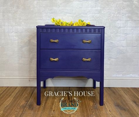 Purple & Gold Vintage Lebus Chest of Drawers Chippy Painted Furniture, Paint Couture, French Farmhouse Style, Dark Furniture, Gold Lamp, Dark Wax, Barley Twist, Coral And Gold, Oak Table