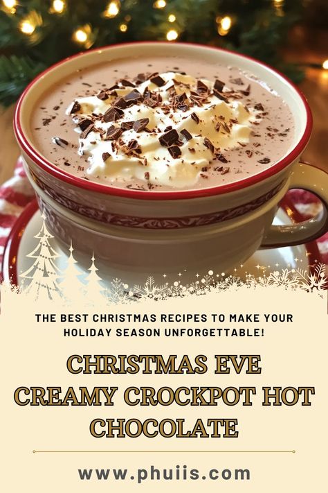 This delightful drink is perfect for gathering around the fire, watching holiday movies, or surprising your family and friends with a warm, comforting treat. The slow cooker takes the hassle out of preparing this rich and creamy beverage, allowing you to enjoy the magic of the season without spending hours in the kitchen. Hot Chocolate Recipes Slow Cooker, Christmas Eve Creamy Hot Chocolate Crockpot, Christmas Eve Creamy Crockpot Hot Chocolate, New Year’s Eve Crockpot Ideas, Creamy Crockpot Hot Chocolate, Slow Cooker Hot Chocolate Recipe, Christmas Crock, Slow Cooker Hot Chocolate, Sipping Chocolate