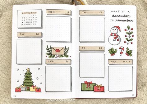 December Bujo Theme Christmas, December Bujo Weekly Spread, Bujo Christmas Theme, Bullet Journal Noel, Bullet Journal December Calendar, December Planner Ideas, December Bujo Theme, Christmas Weekly Spread, December Bullet Journal Weekly