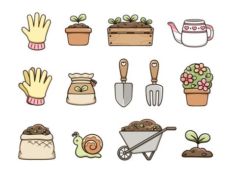 Gardening clipart set. Potted plants, garden items and planting tools. Cute spring summer digital stickers cartoon illustration. Earth Overshoot Day, Garden Cartoon, Gardening Clipart, Potted Plants Garden, Bio Project, Gardening Illustration, Garden Stickers, Cartoon Garden, Silent Running