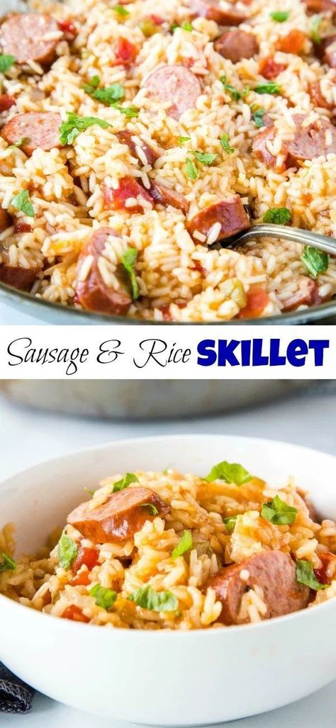 Easy Meals With Rice Dinners, Sausage One Pan Recipes, Sausage Rice Recipes Easy Dinners, Skillet Rice Meals, Easy Dinner Recipes Smoked Sausage, Easy Weeknight Dinners With Rice, Sausage Rice Skillet Recipes, Healthy Sausage And Rice Recipes, Quick Smoked Sausage Recipes