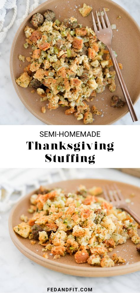 Semi-Homemade Box Stuffing Recipe | Fed & Fit Stuffing Recipes With Box Stuffing, Stuffing With Boxed Stuffing, Box Stuffing Hacks, Stuffing From Box Recipes, How To Make Box Stuffing Taste Homemade, Stuffing Box Recipes, Best Boxed Stuffing Recipe, Recipes Using Boxed Stuffing, How To Make Box Stuffing Better