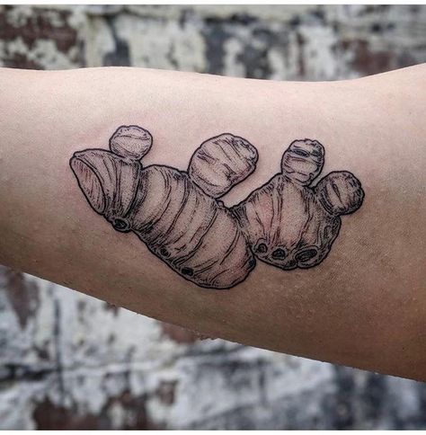 Ginger root done by Jessi @ The Curiosity Shop in Pittsburgh #tattoos #tattoo #beauty Ginger Root Tattoo, Root Tattoo, Ginger Tattoo, Curiosity Tattoo, Trending Tattoos, Prison Tattoos, R Tattoo, Curiosity Shop, Ginger Root