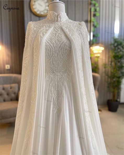 Ciynsia Luxury Long Sleeves Muslim Wedding Dress 2024 Bride Chiffon With Beading A-Line Bridal Gowns White Gown Dress, Muslim Wedding Gown, Nikah Outfit, Muslimah Wedding Dress, Muslimah Wedding, Dress With Cape, Bride Dress Simple, A Line Bridal Gowns, Bridal Dress Fashion