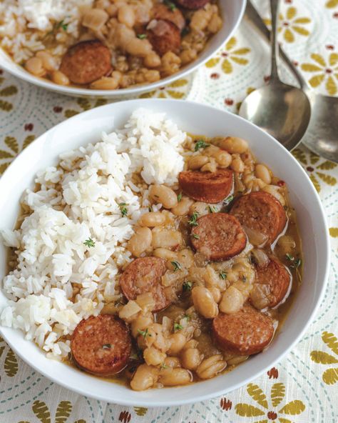 White Beans and Sausage – Garden & Gun White Beans Over Rice, Southern Pork And Rice, White Bean And Sausage Skillet, Chicken Sausage And White Beans, Cajun White Beans And Sausage, Bean And Meat Recipes, White Beans Sausage, Recipes Using Northern Beans, Cajun Beans And Sausage