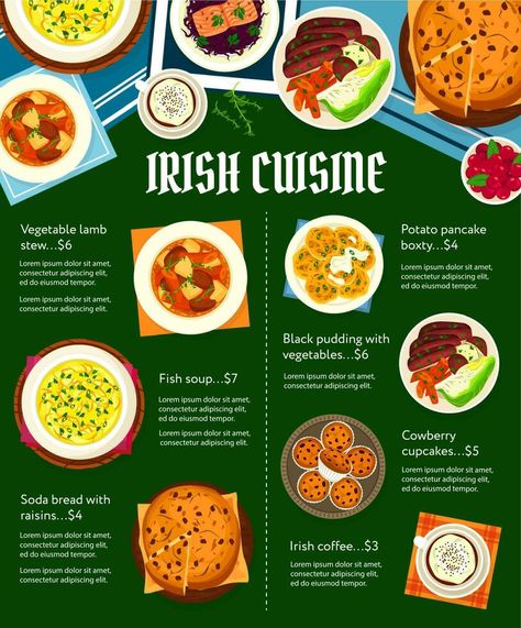 Irish cuisine vector menu with Ireland food meals Irish Cafe, Cultural Recipes, Ireland Food, Tshirts Ideas, Irish Cuisine, Irish Stew, Irish Food, Black Pudding, Food Meals