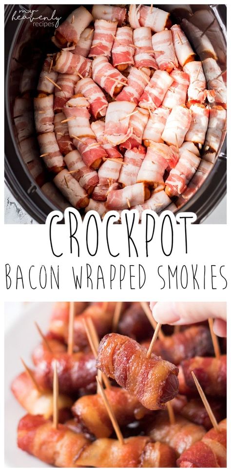 Bacon Wrapped Little Smokies Crockpot, Smokies In Crockpot, Baby Shower Snack Ideas, Crockpot Party Food, Wrapped Smokies, Bacon Wrapped Smokies, Little Smokies, Slow Cooker Bacon, Crostini Appetizers