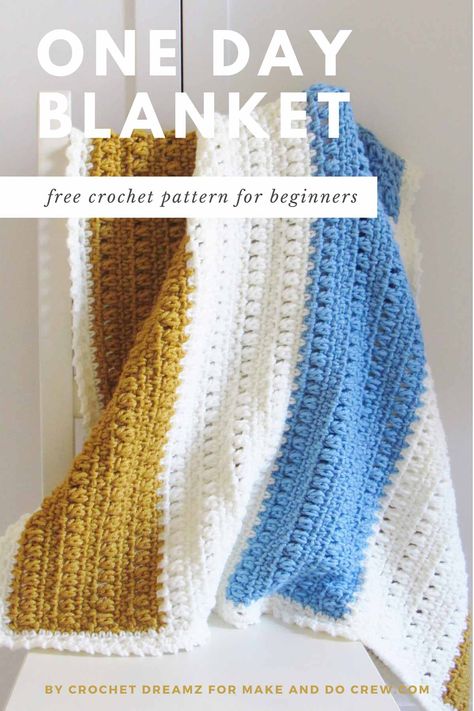 This easy crochet blanket can be finished in just one day! Made with basic stitches and chunky yarn, beginners and advanced crocheters alike can whip out this afghan in no time at all. This is the perfect last-minute baby shower gift, a quick holiday gift idea or a simple throw for any room in your house. Grab the free pattern, designed by Crochet Dreamz for Make and Do Crew. #makeanddocrew #crochetblanketpattern #crochetafghanpattern #beginnercrochetpattern Easy Crochet Blankets Free, Quick Crochet Blanket, Crochet Blanket Free, Make And Do Crew, Fast Crochet, Crochet Throw Pattern, Crochet Afghan Patterns Free, Crochet Patterns Free Beginner, Crochet For Beginners Blanket