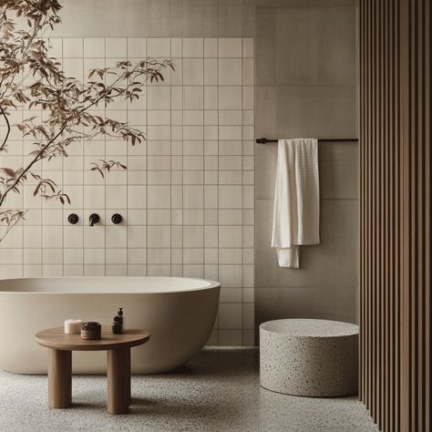 27 Stunning Japandi Style Bathroom designs for a Zen-Like Retreat Zen Like Bathroom Ideas, Wabi Sabi Master Bath, Japandi Bathroom Floor, Tile Pairings Bathroom, Japandi Master Bath, Japandi Interior Design Bathroom, Concrete And Wood Bathroom, Japandi Vanity, Modern Beach House Bathroom