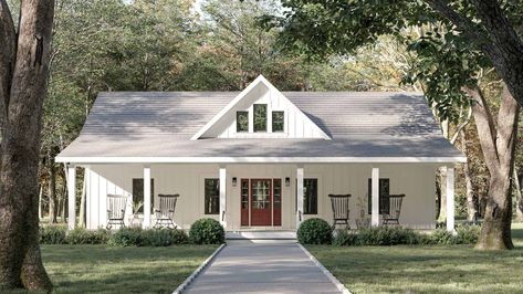 This attractive Country style home with Ranch aspects (House Plan #123-1136) has 1416 living sq ft. The 1-story floor plan includes 3 bedrooms. #country #houseplans 3-Bedroom, 1416 Sq Ft Country House Plan - 123-1136 - Front Exterior Southern Cottage, House Plans 3 Bedroom, Farmhouse Style House Plans, Farmhouse House, Farmhouse Plan, Perfect House, Ranch House Plans, Ranch Style Home, House Plans Farmhouse