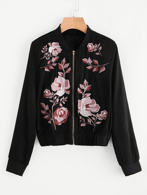 Shop Botanical Embroidered Satin Bomber Jacket online. SheIn offers Botanical Embroidered Satin Bomber Jacket & more to fit your fashionable needs. Rose Jacket, Shein Jackets, Floral Decoration, Cute Jackets, Cute Comfy Outfits, Girls Fashion Clothes, Sleeves Pattern, Black Satin, I Dress