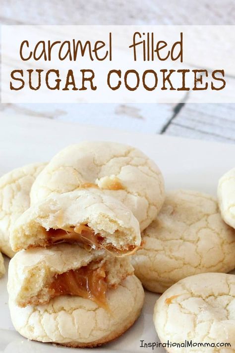 Caramel Filled Sugar Cookies Caramel Dessert Recipes, Caramel Desserts, Filled Cookies, Caramel Recipes, Brownie Cookies, Chewy Cookie, Melt In Your Mouth, Cookie Desserts, Yummy Cookies