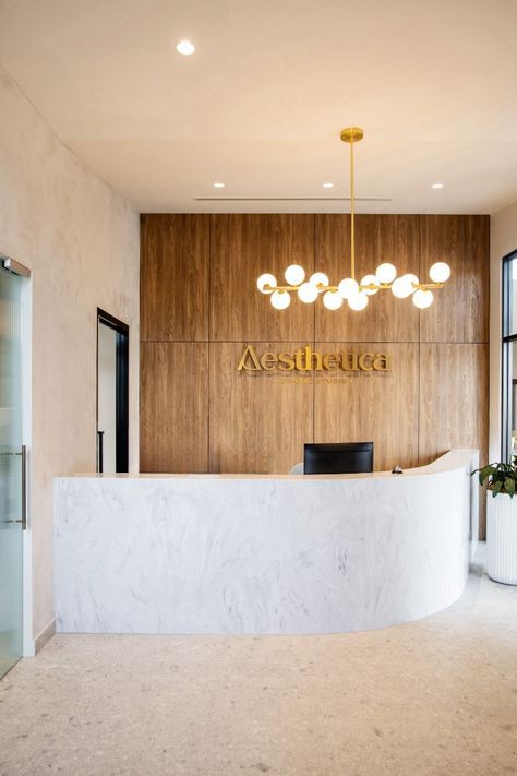 Beautiful Reception Area, Office Reception And Waiting Area Design, Commercial Waiting Area, Medspa Reception Area, Business Reception Area, Dermatologist Clinic Interior Design, Hotel Reception Design Luxury, Skin Clinic Reception, Spa Lobby Reception Areas