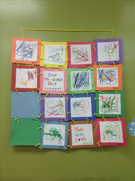 I can see quilt blocks put together like this... each block bound and finished then attached at the corners..... love it! Our classroom's friendship quilt! :) Kindergarten Belonging Activities, Kindness Quilt Activities, Friendship Early Years, Preschool Quilt Activity, Friendship Collage Preschool, Infant Friendship Activities, Friendship Themed Crafts, Friends And Family Prek Theme, Class Quilt Preschool