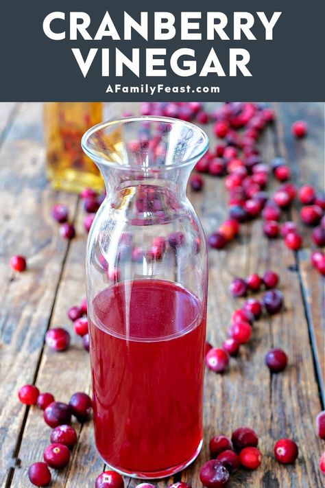 Homemade Cranberry Vinegar combines fresh or frozen cranberries and white wine vinegar – creating this tart vinegar that’s perfect for fall and holiday salads. Family Feast Recipes, Cranberry Vinaigrette, Feast Recipes, Infused Vinegars, Outdoor Cooking Recipes, Holiday Salads, White Balsamic Vinegar, Marinade Sauce, Frozen Cranberries